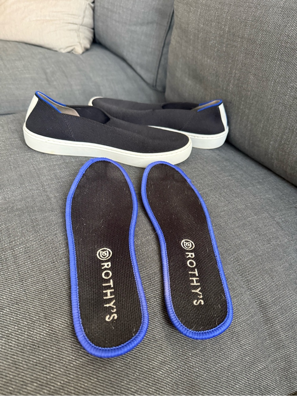 Rothy's Black Slip-On Sneakers with Blue Trim and White Sole 6.5